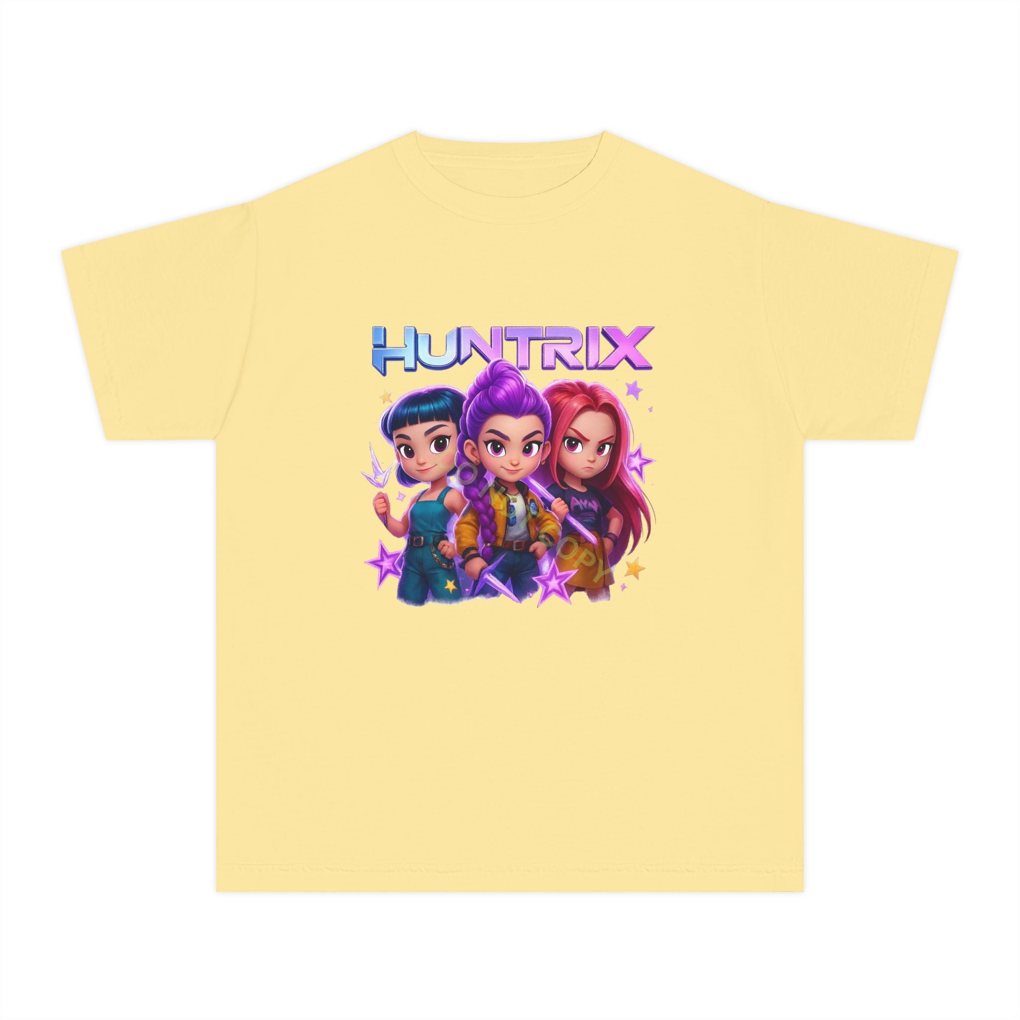 Huntrix Kids Tee — Colorful Cartoon Trio Graphic Youth T‑Shirt